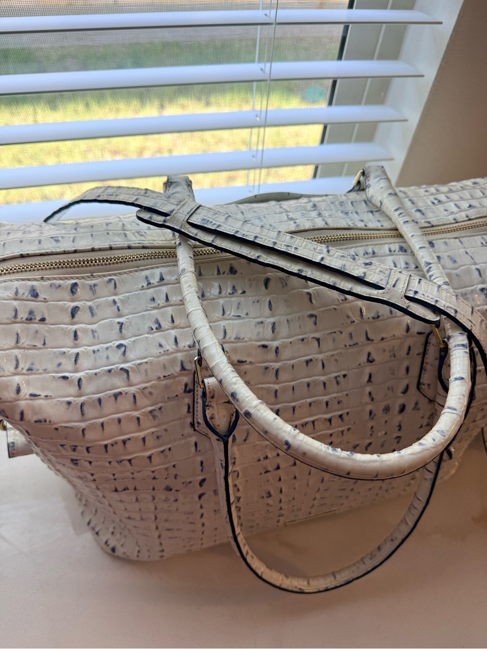 Brahmin Weekender Cream Croc-Embossed Travel Tote with Navy Trim - Picture 2 of 3